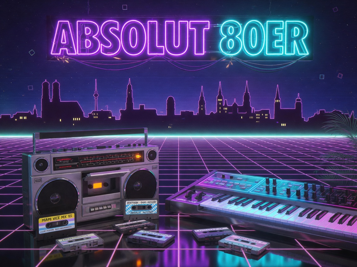 A neon synthwave scene with a retro boombox, cassette tapes and a glowing 'Absolut 80ER' sign above a Bavarian skyline