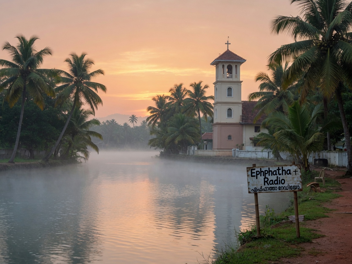 A serene Kerala backwater at sunrise with a wooden signboard reading Ephphatha Radio