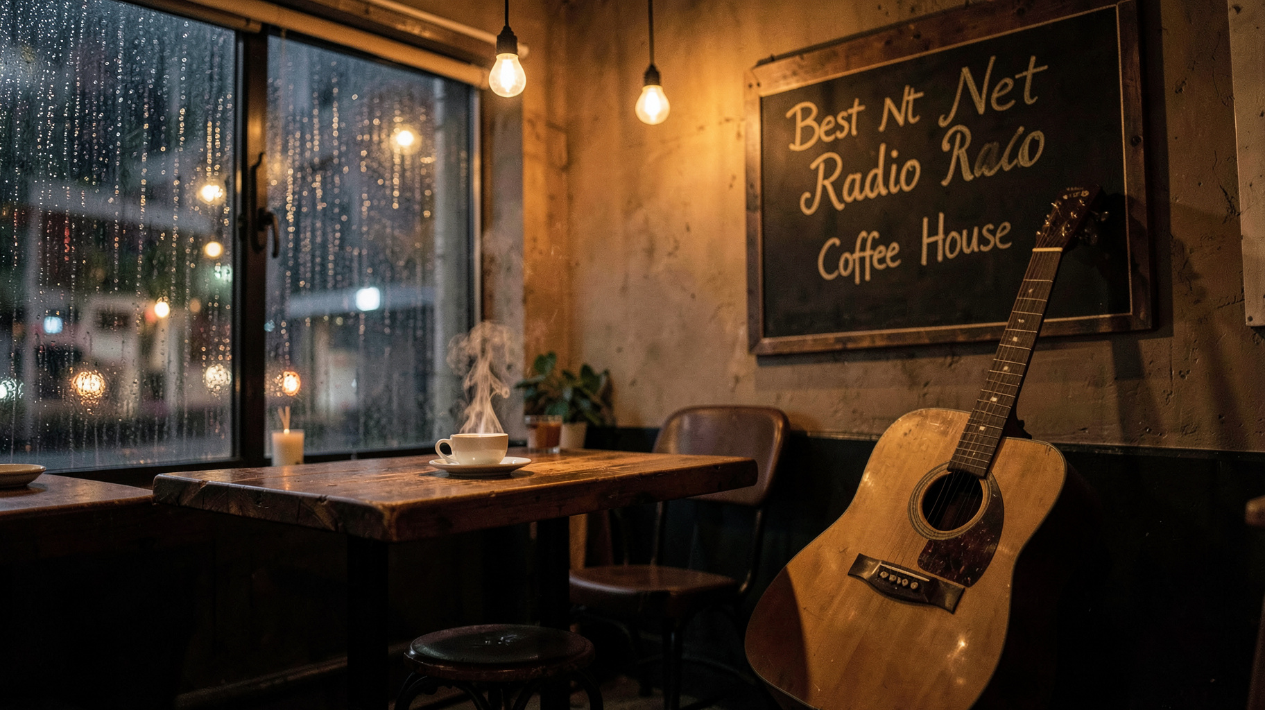 A cozy coffee house interior at night with an acoustic guitar and a chalkboard sign reading Best Net Radio Coffee House