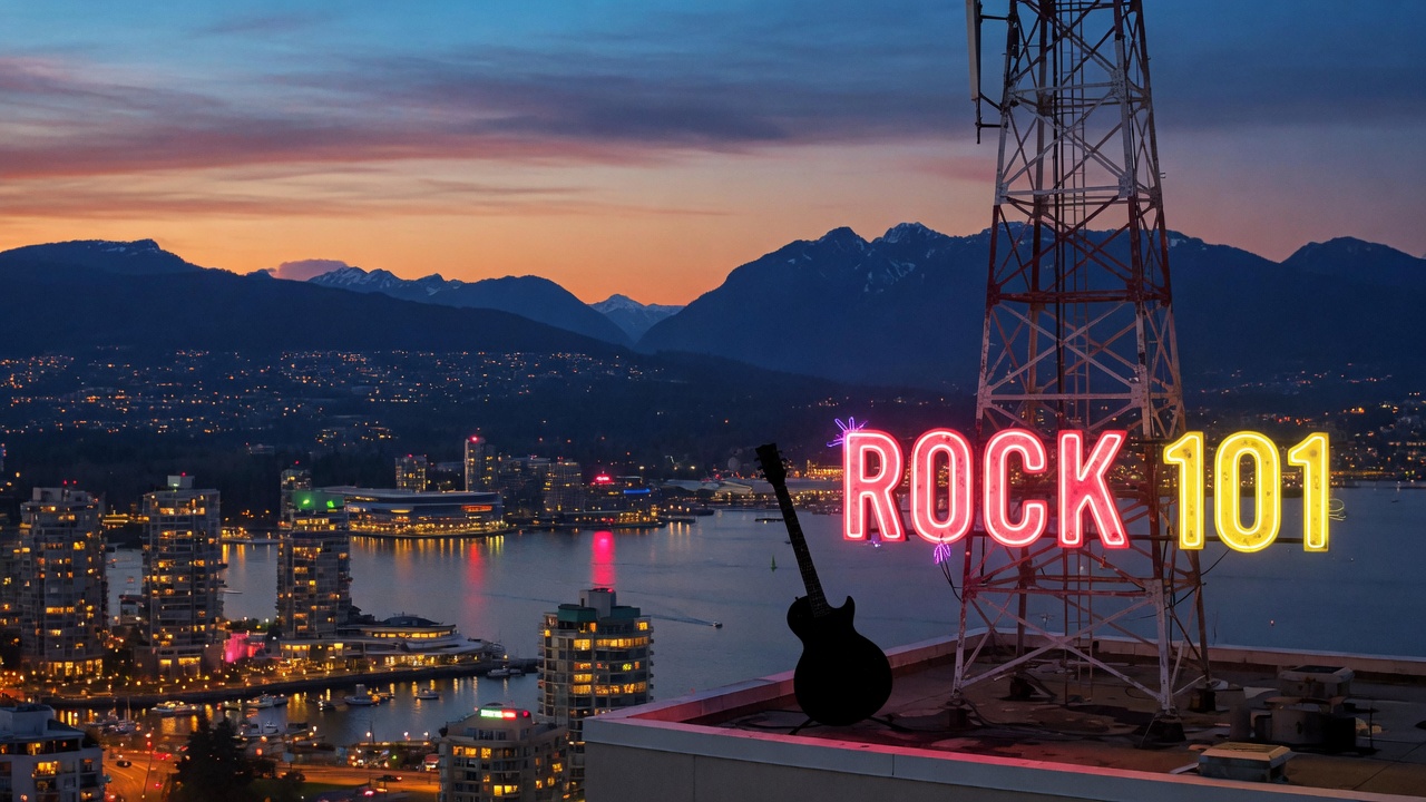 Vancouver skyline at dusk with a radio tower and neon Rock 101 sign, inspired by CFMI Rock 101
