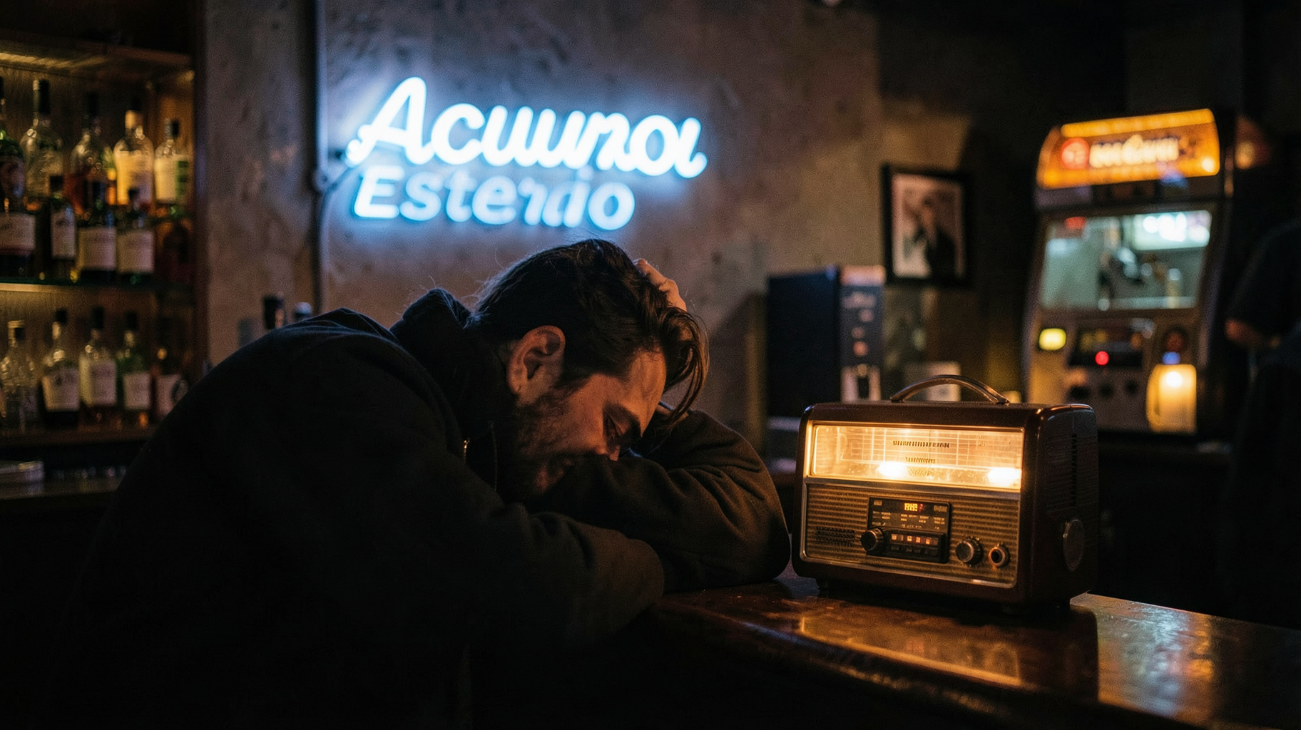 A lone figure at a dimly lit Bogota bar counter beside a glowing vintage radio reading Acuario Estereo