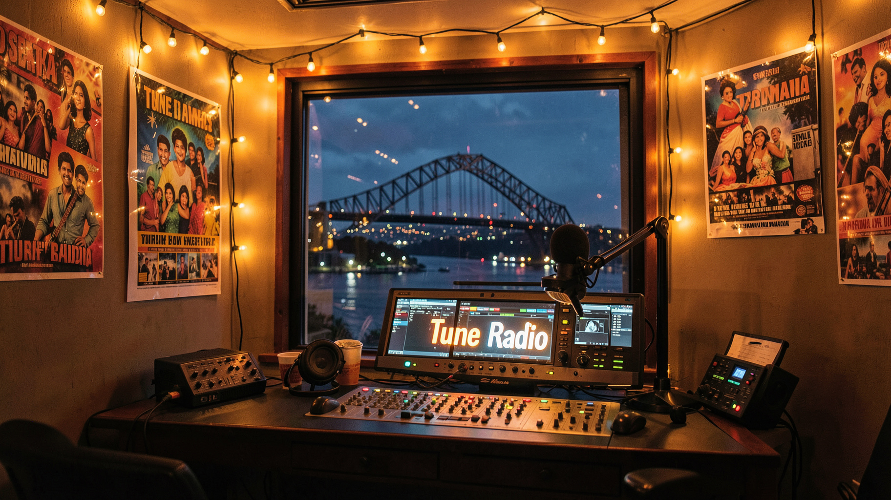 A vibrant Sydney radio studio at night with Bollywood posters and a glowing Tune India Radio sign above the console