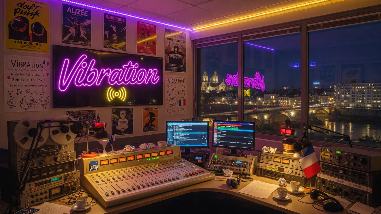 A warm French radio studio at night with glowing Vibration neon sign and broadcast desk