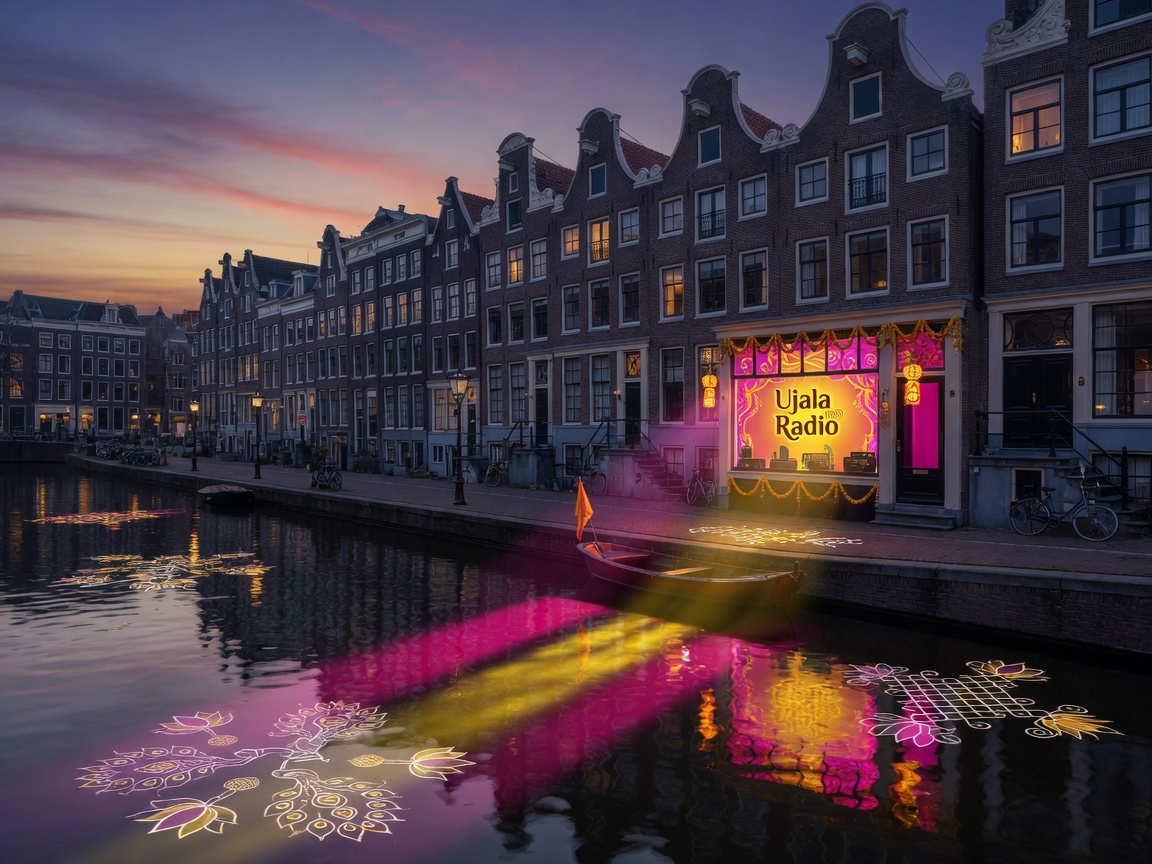 An Amsterdam canal at dusk with Bollywood-colored light reflections, representing Ujala Radio's blend of Dutch and South Asian culture