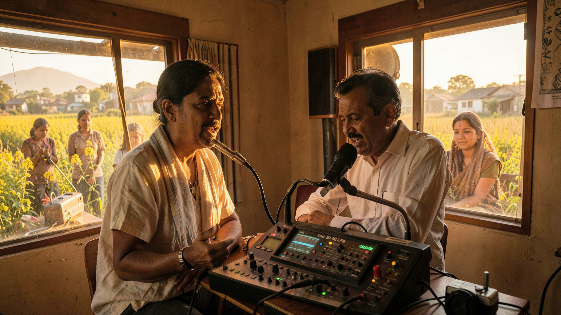 A community radio studio in a small Indian town with a host on air