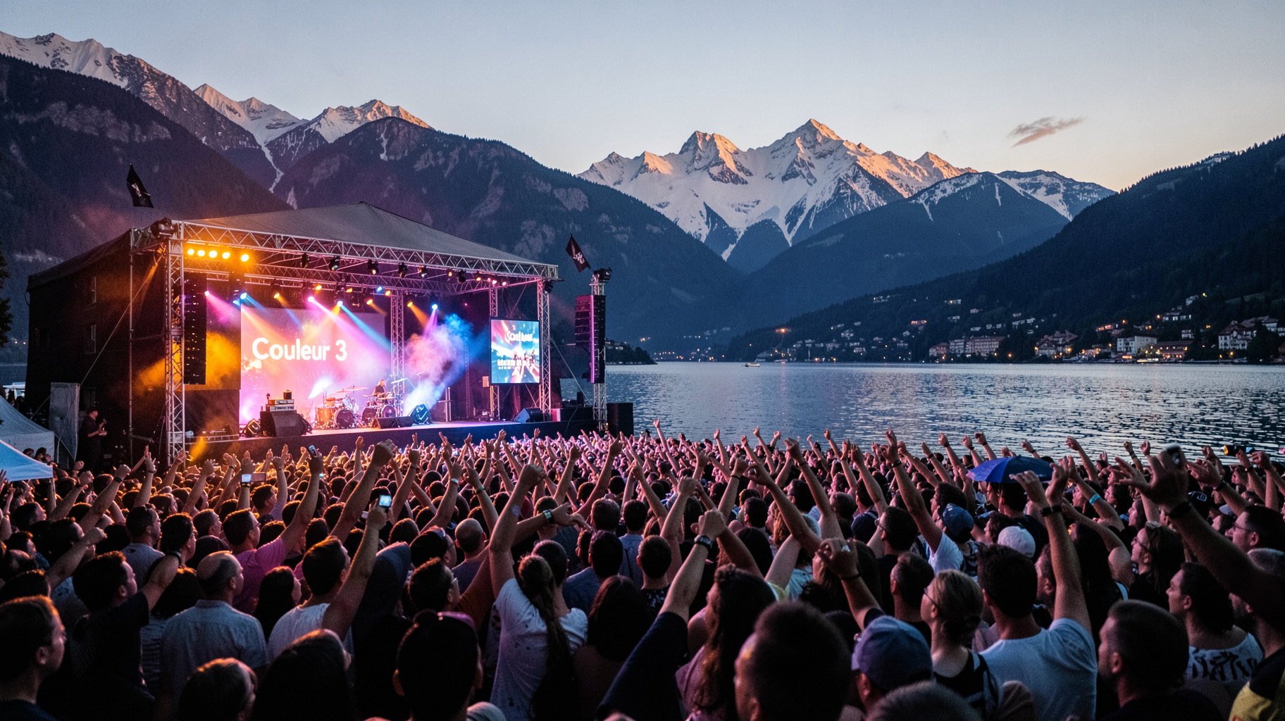 A festival crowd on the shore of Lake Geneva at dusk beneath a screen reading Couleur 3