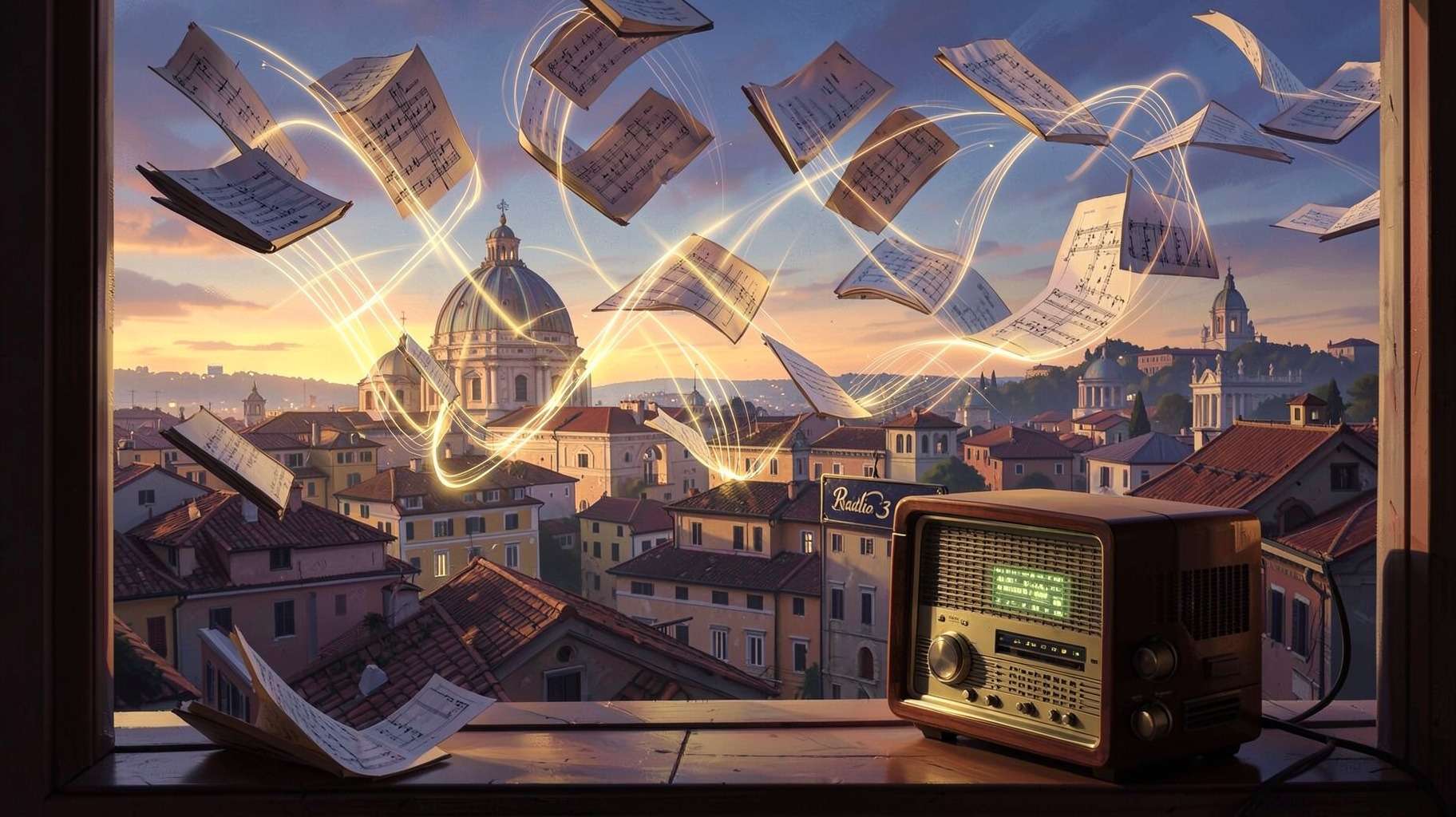 Books and sheet music turning into sound waves above Rome rooftops with a vintage radio and a plaque reading Rai Radio 3