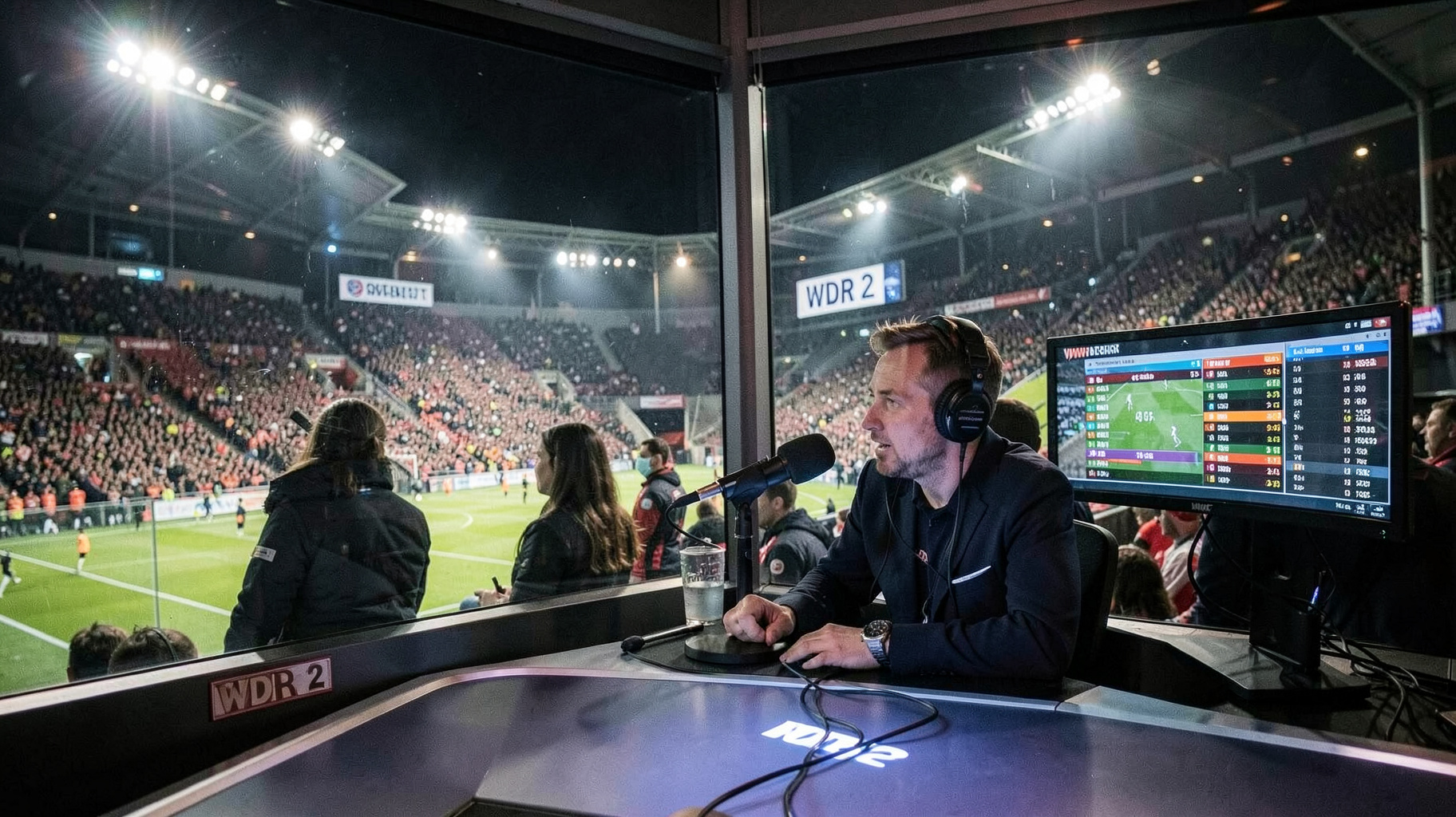 German radio sports broadcast booth overlooking a Bundesliga stadium representing WDR 2