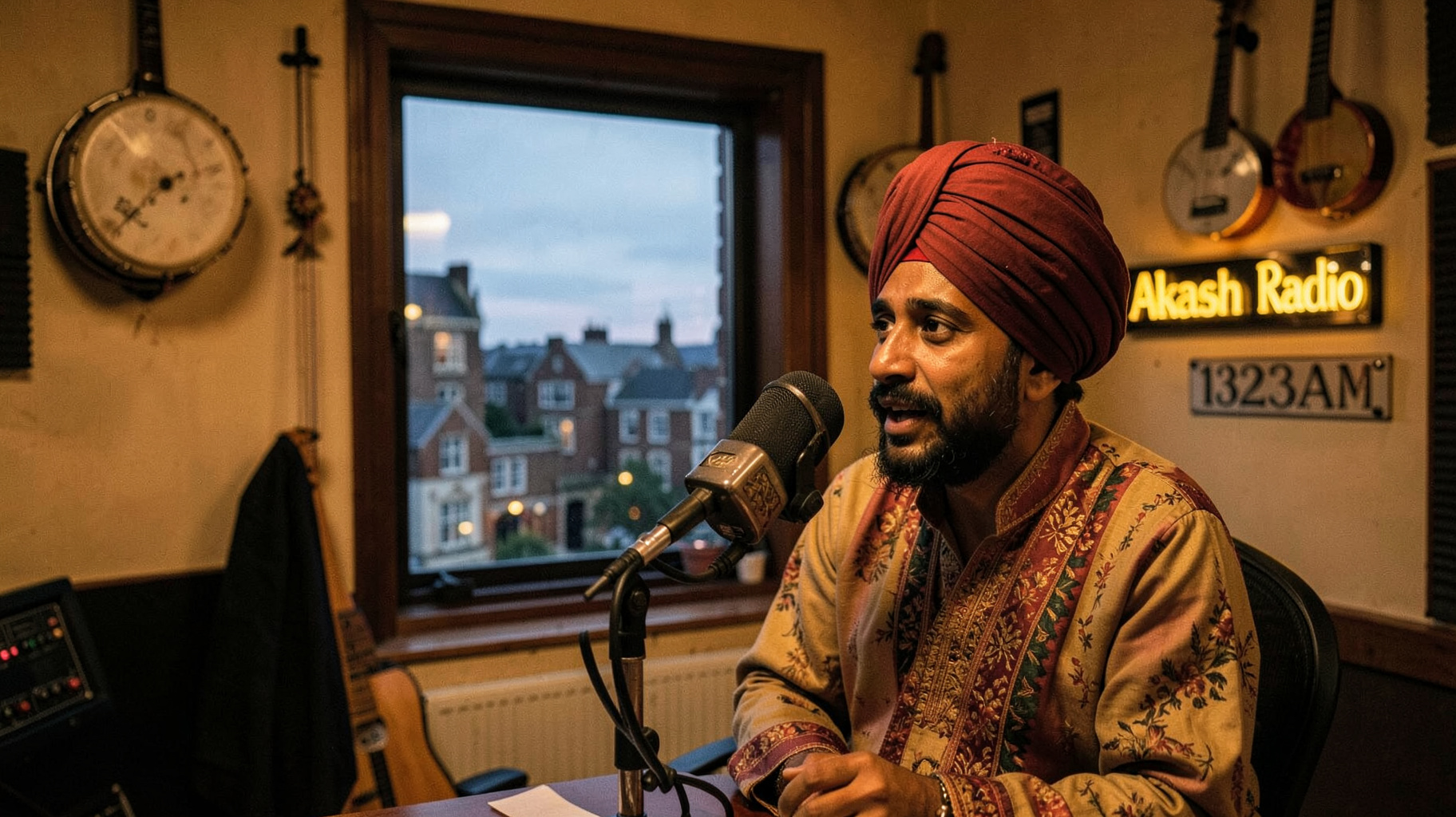 A community radio studio in Leeds with a host at a microphone and a sign reading Akash Radio 1323AM