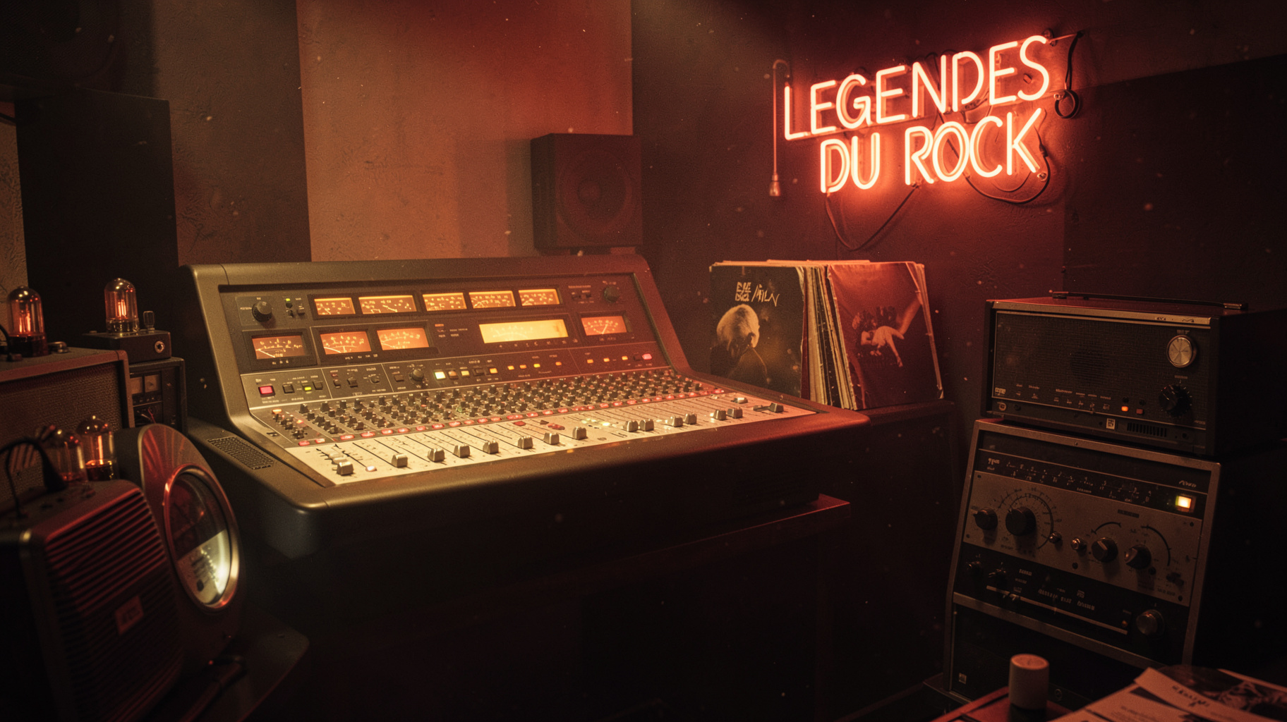 A vintage rock radio studio with vinyl records, tube amplifiers and a neon sign reading Legendes du Rock