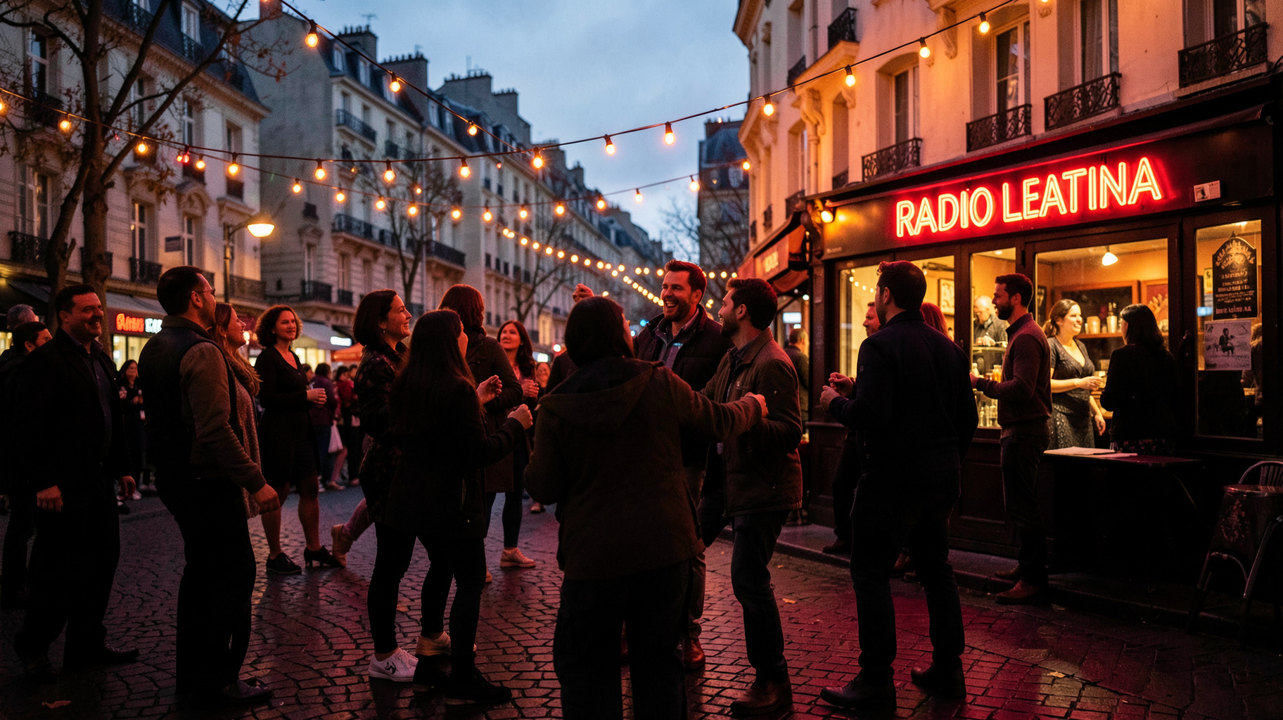 Salsa dancers on a Paris street at dusk beside a neon Radio Latina sign