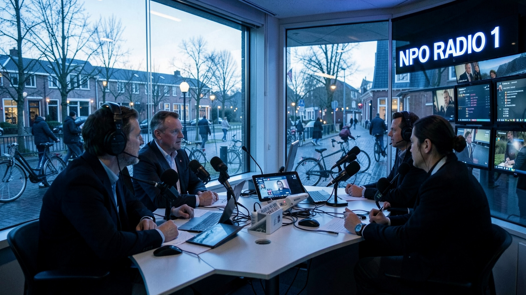 A Dutch radio newsroom in Hilversum at dawn with an on-air sign reading NPO Radio 1