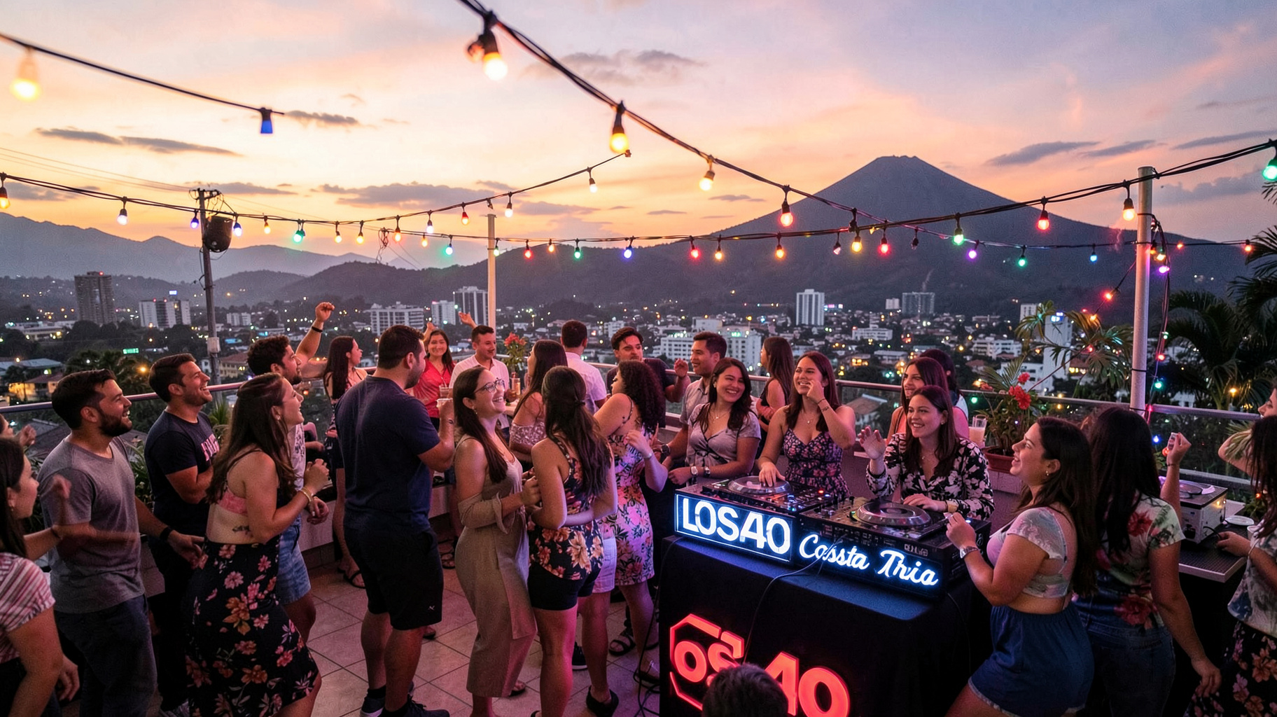 A rooftop party in San José, Costa Rica at sunset with a DJ booth sign reading LOS40 Costa Rica