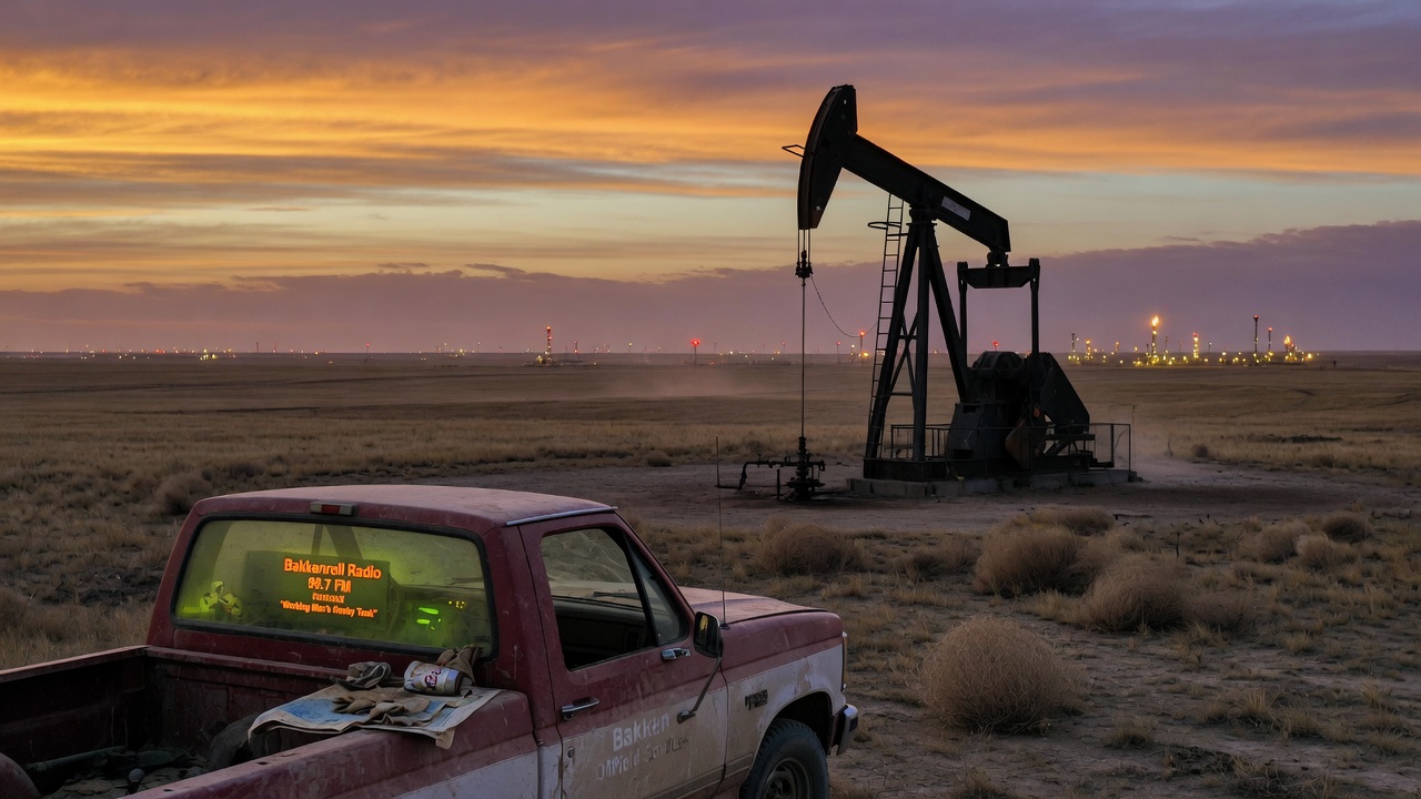 A North Dakota prairie at dusk with an oil pumpjack and a pickup truck dashboard reading Bakkenroll Radio