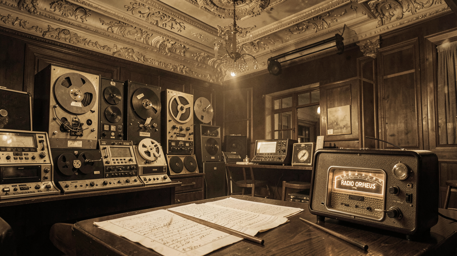 A Soviet-era Moscow radio studio with vintage tape machines and a dial radio reading Radio Orpheus