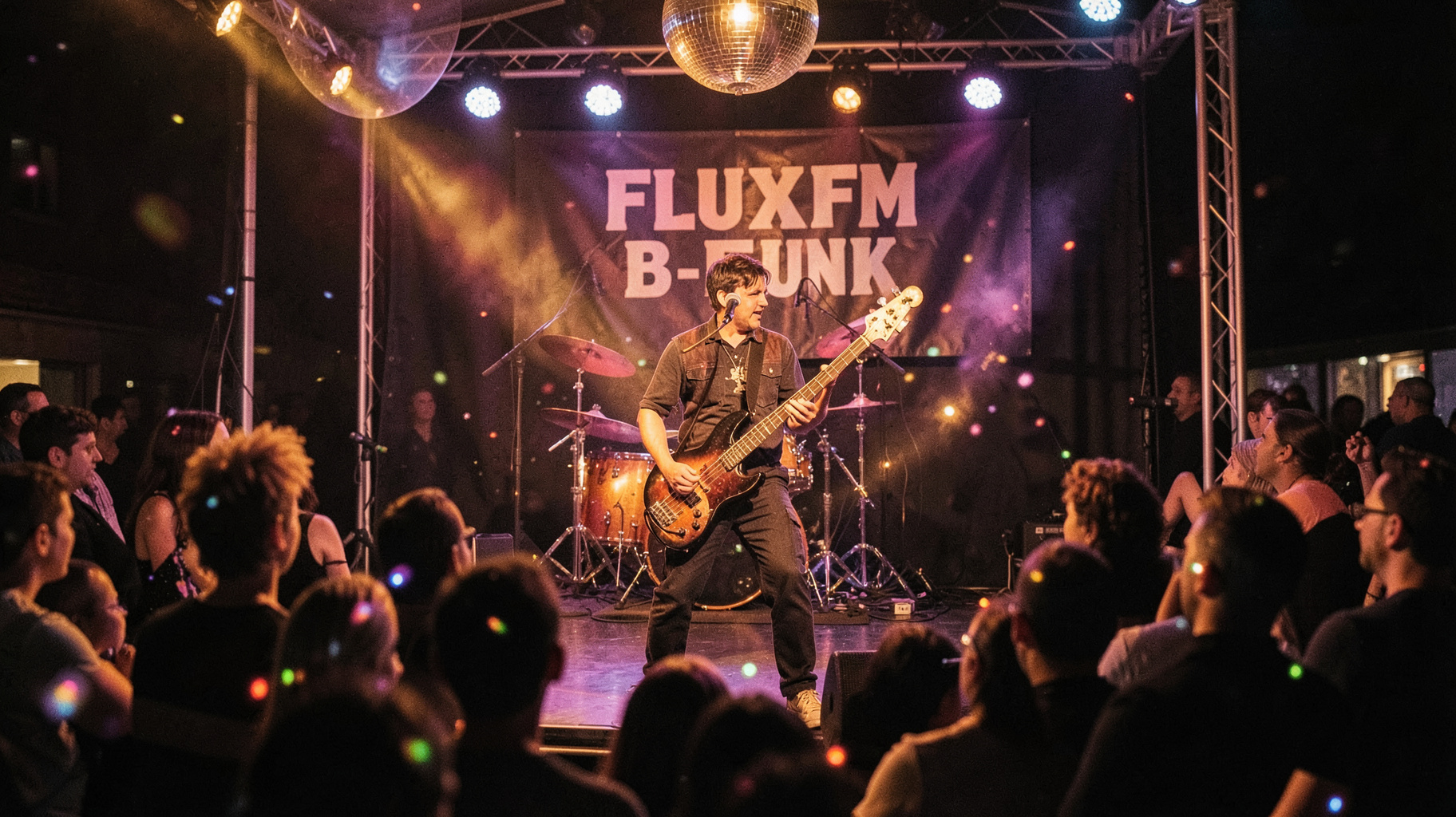 A funk band performing on a small Berlin stage with a FluxFM B-Funk banner