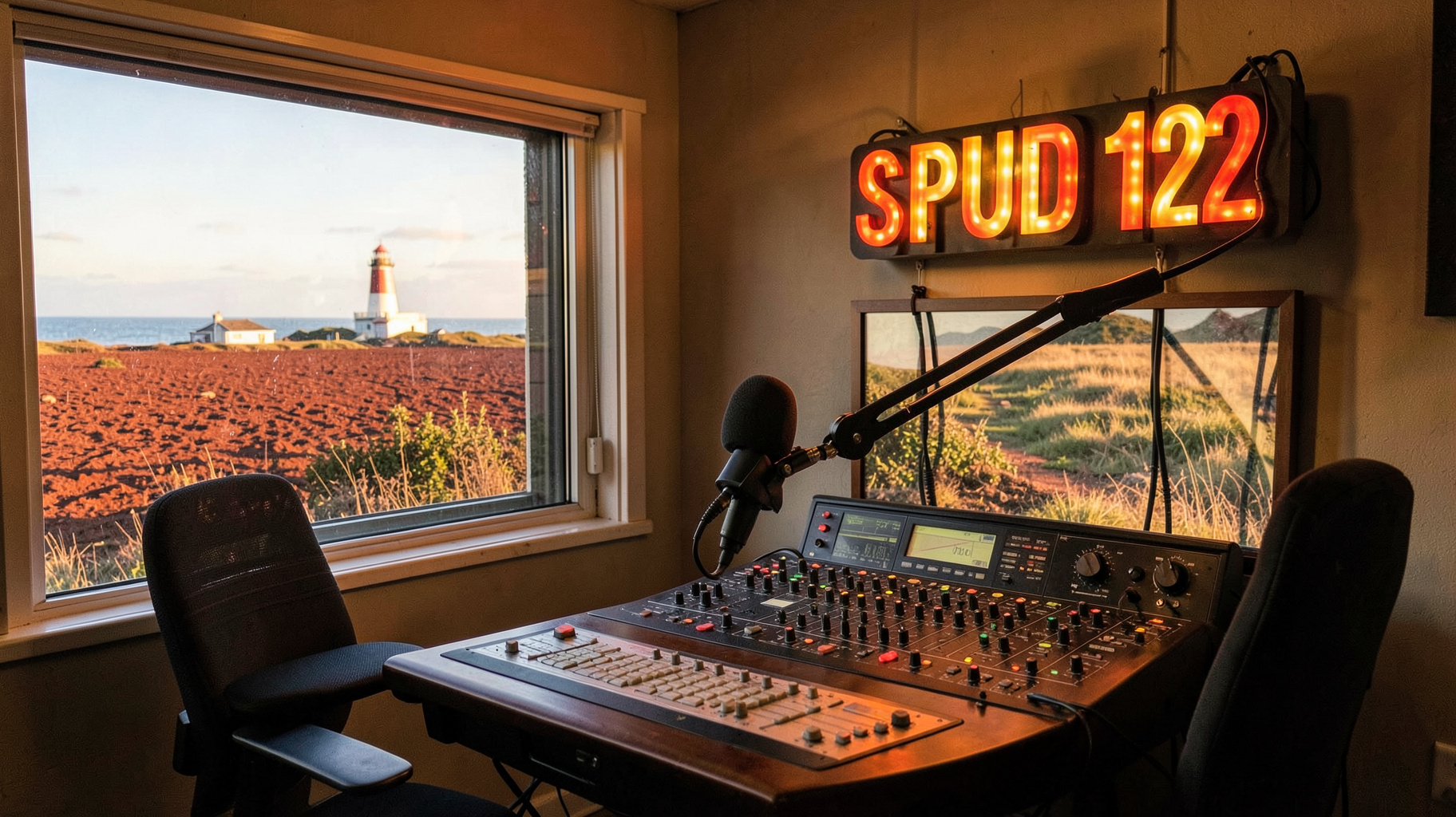 A small-town Canadian radio station on Prince Edward Island with a sign reading SPUD 102