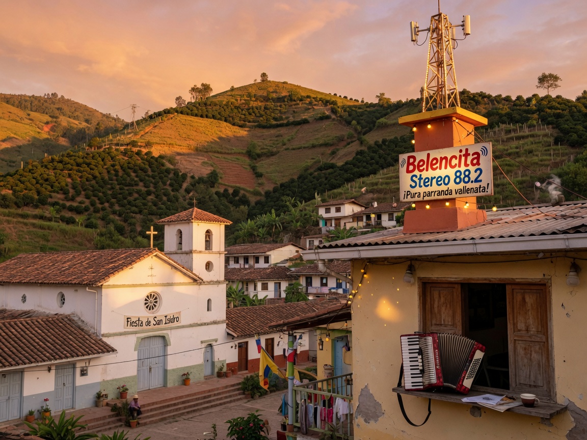 A small Colombian Andean mountain town with a colonial church, coffee plants, and a glowing Belencita Stereo 88.2 radio sign