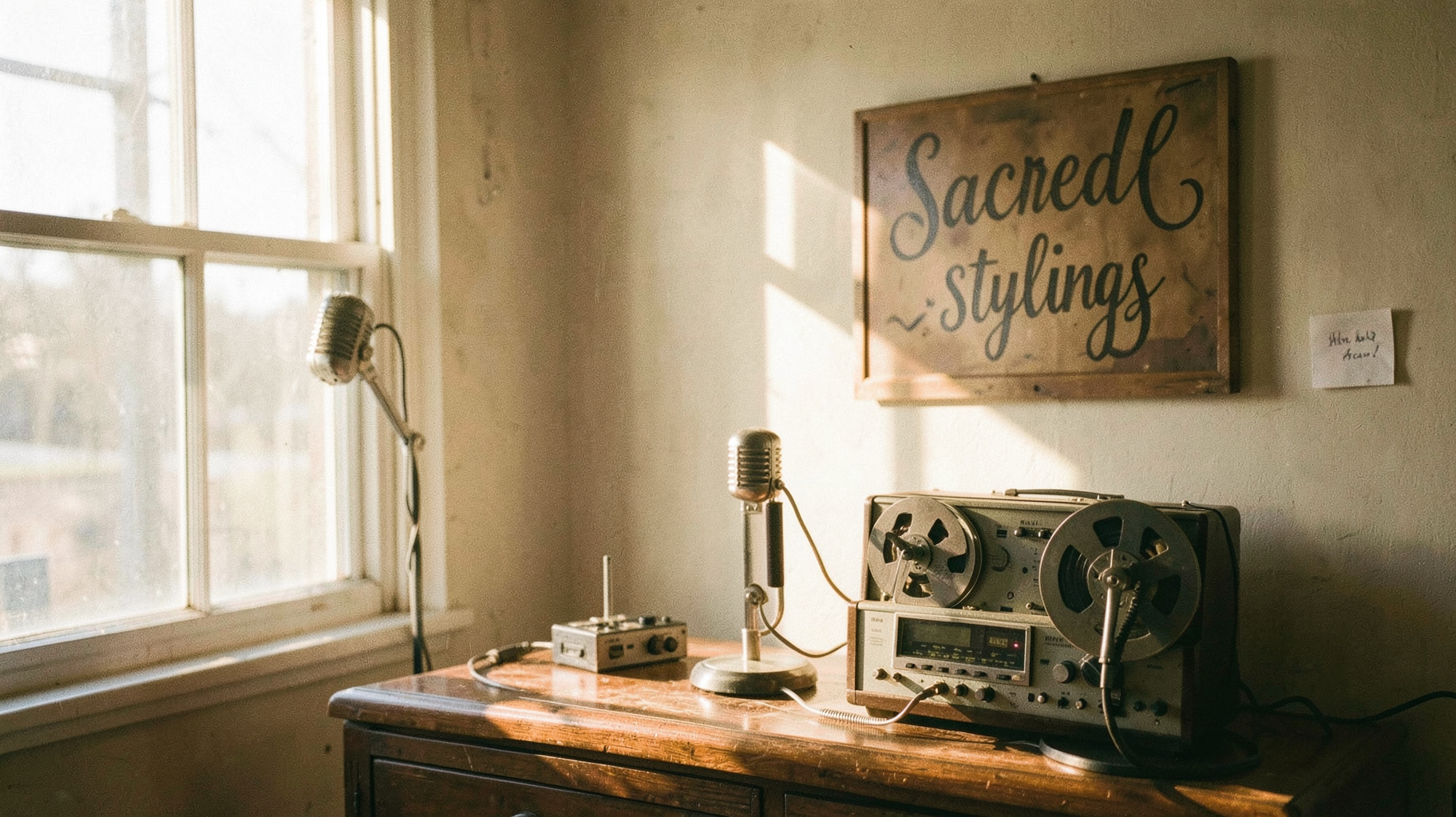 A small vintage 1960s radio station office in Milwaukee with a hand-lettered sign reading Sacred Stylings