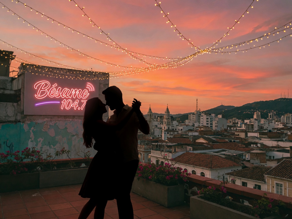 A romantic couple dancing on a rooftop at sunset in Bucaramanga, evoking Bésame 104.7 FM's ballad format