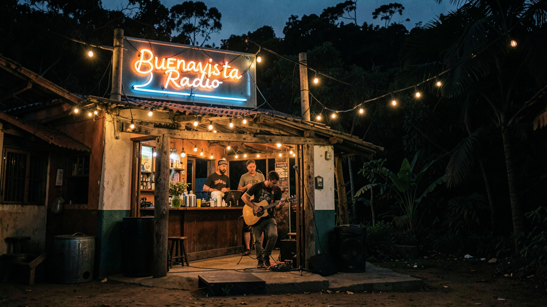 A small indie rock bar at night in a tropical Huasteca town with a neon sign reading Buenavista Radio