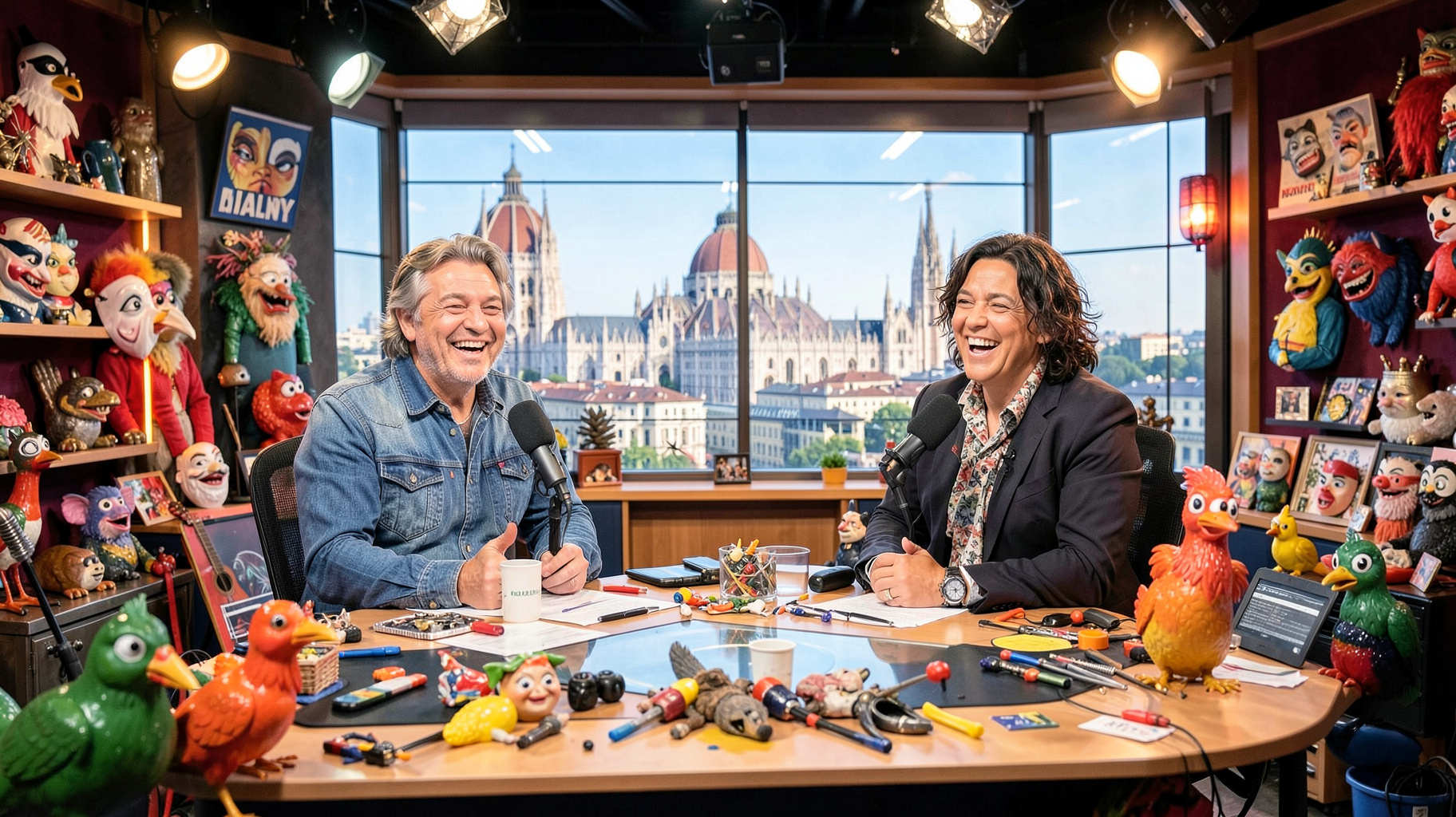 A lively Milan radio morning show studio with the city skyline visible outside
