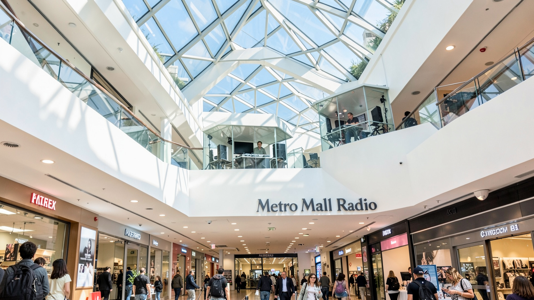 A bright Athens shopping mall atrium with a glass radio studio booth and a sign reading Metro Mall Radio, inspired by Metro Mall Radio Athens