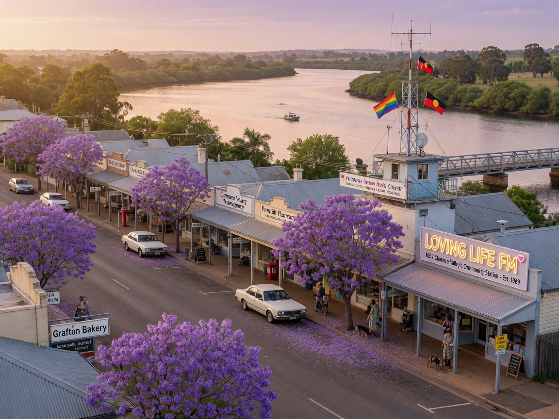 A small Australian riverside town street lined with blooming purple jacaranda trees and a glowing Loving Life FM radio antenna sign