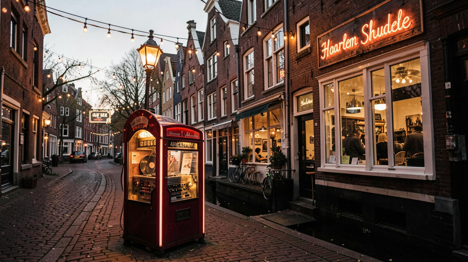 A Haarlem canal street at dusk with a glowing vintage jukebox and a sign reading Haarlem Shuffle