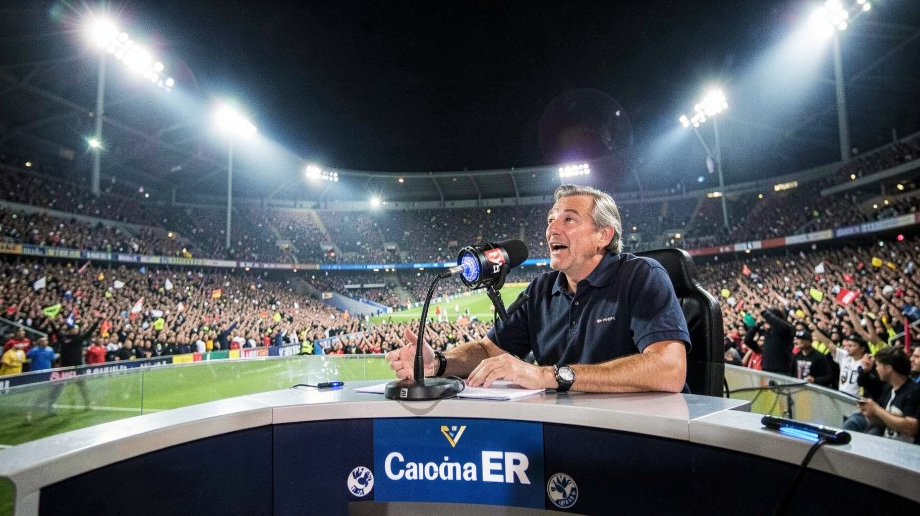 A radio sports commentary booth overlooking a packed Spanish football stadium