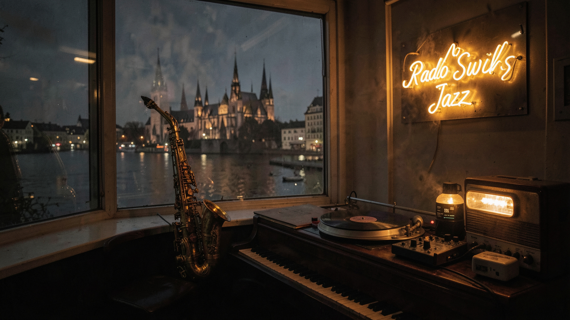 A dim jazz listening room in Basel with a saxophone, a vinyl player, the Rhine outside and a neon sign reading Radio Swiss Jazz