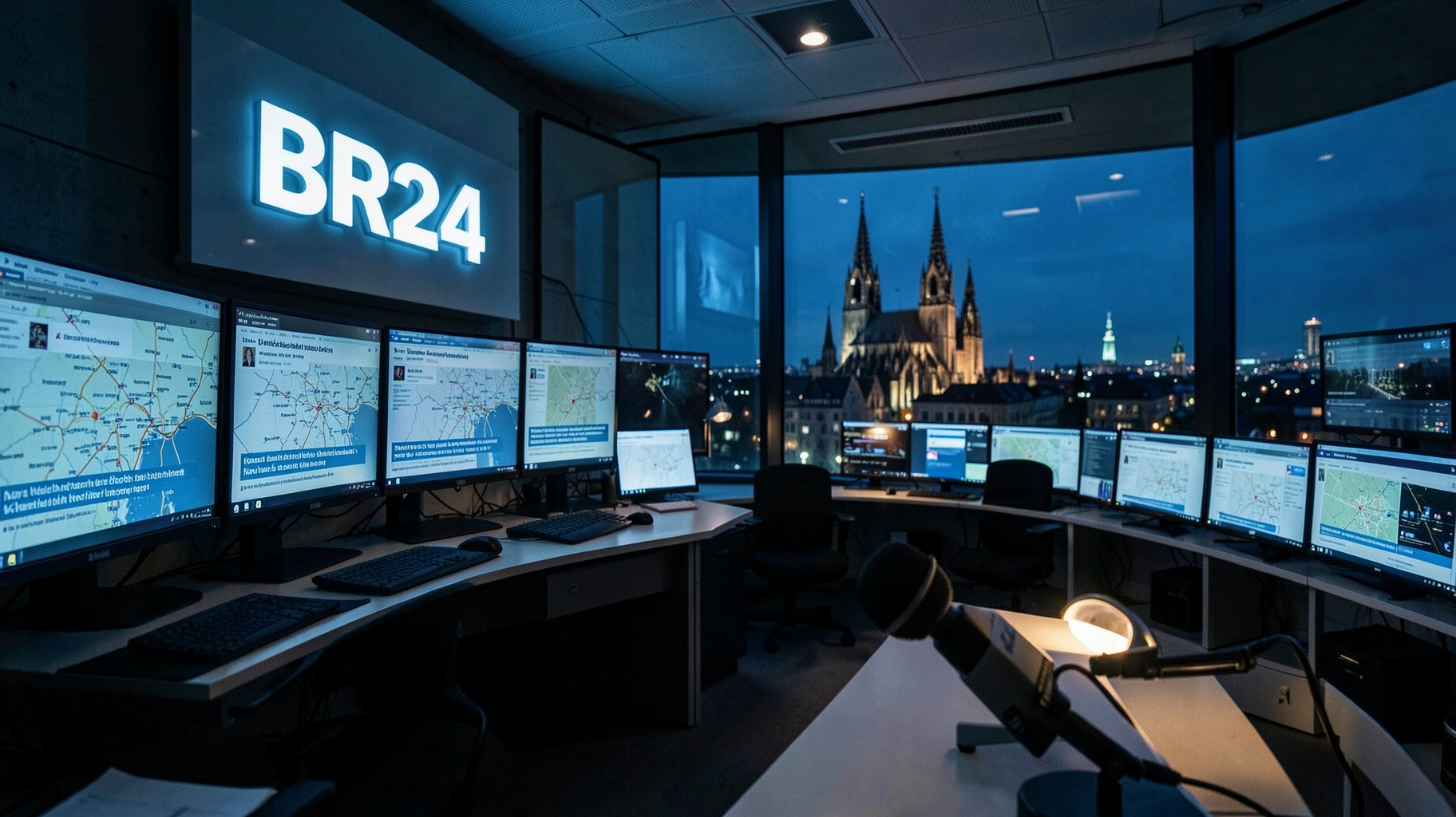 A modern German newsroom at night with glowing monitors and a wall sign reading BR24, Munich skyline visible through the window