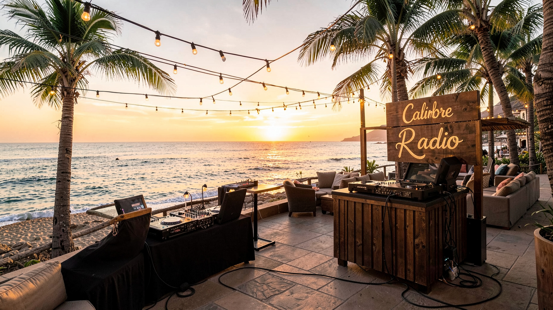Beachside chillout DJ lounge in Gran Canaria with a sign reading Calimbre Radio