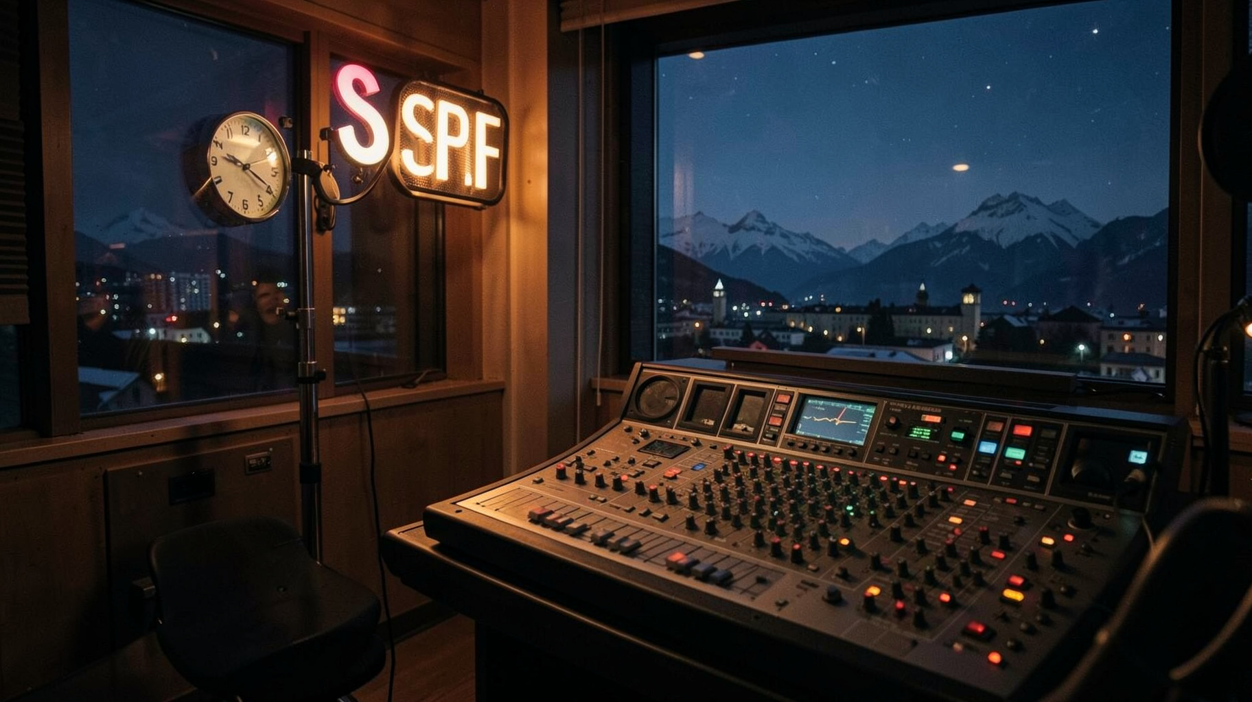 A Swiss radio studio at midnight with an analog clock and a sign reading SRF 3