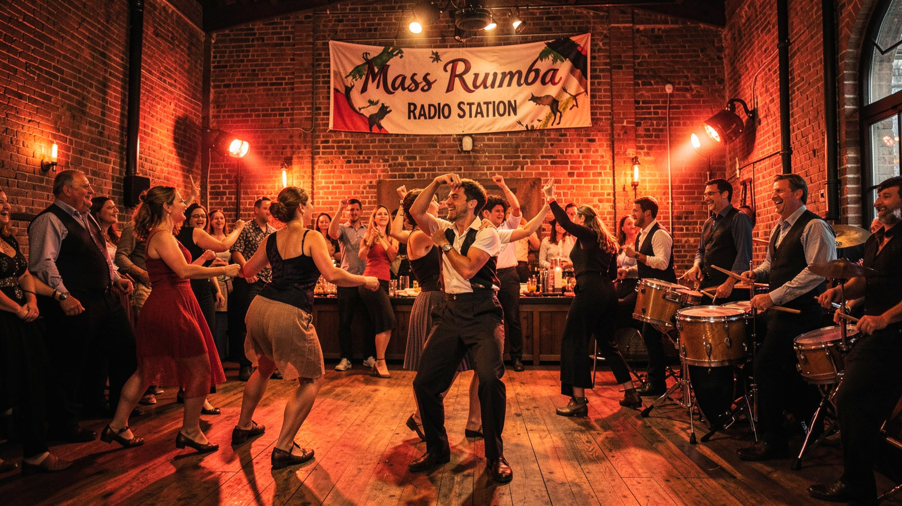 Salsa dancers in a brick mill dance hall with conga drums and a banner reading Mass Rumba Radio Station