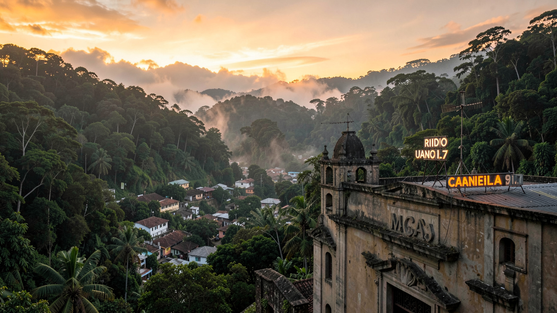 The jungle gateway city of Macas, Ecuador at sunset with a rooftop radio antenna reading Radio Canela 91.7