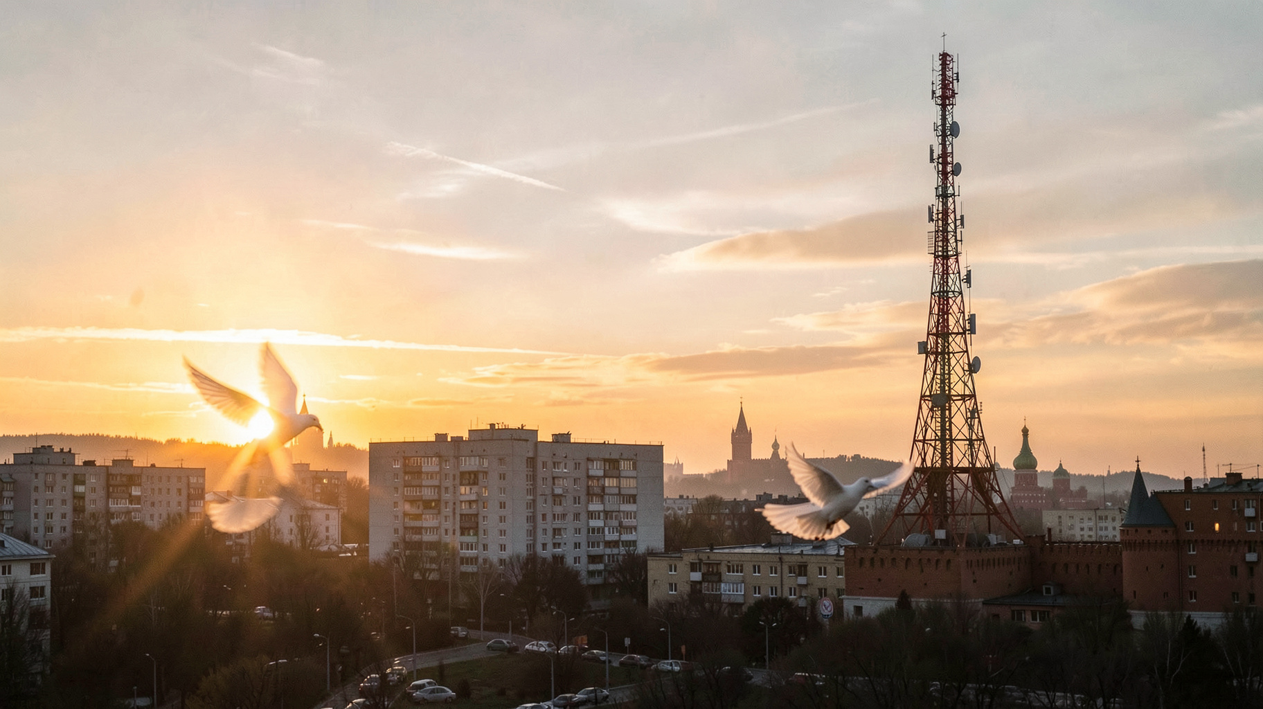 A symbolic sunrise over Moscow with a radio tower against the changing sky