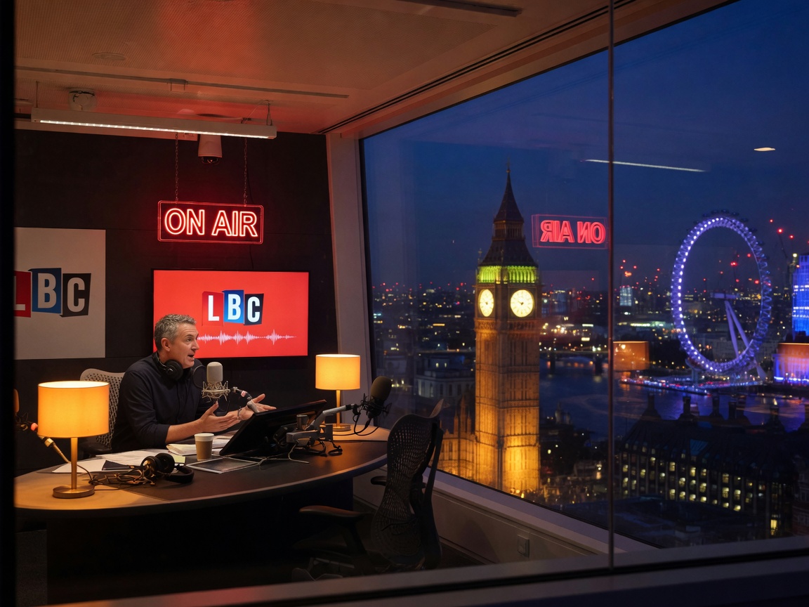 A talk radio studio overlooking the illuminated London skyline at night