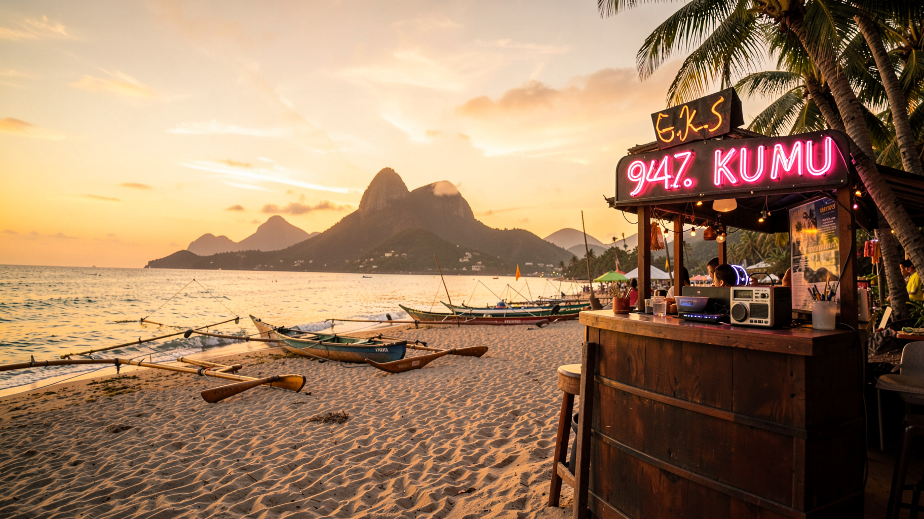 Waikiki Beach at sunset with a beach bar sign reading 94.7 KUMU