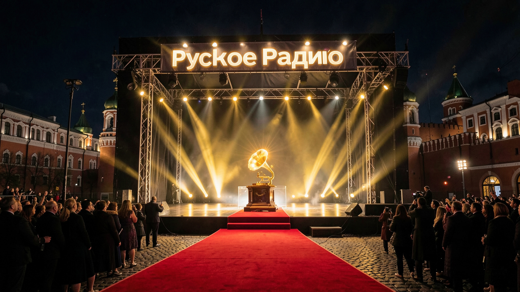A grand Moscow radio gala at night with a glowing gramophone trophy and an illuminated Russkoe Radio sign