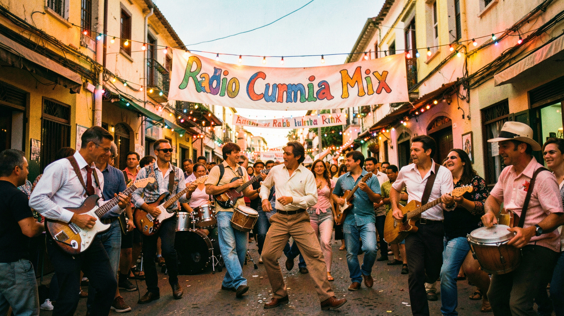 A vibrant 1970s Lima street party with electric guitars and a banner reading Radio Cumbia Mix