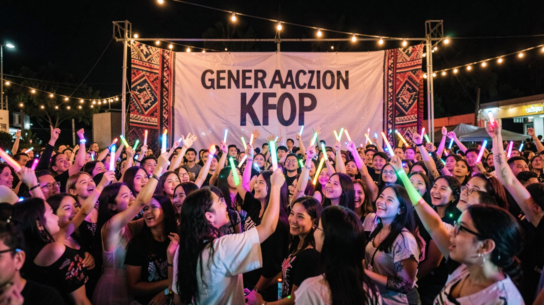 A crowd of young K-pop fans in Lima holding lightsticks at an evening fan meeting with a Generacion Kpop stage banner