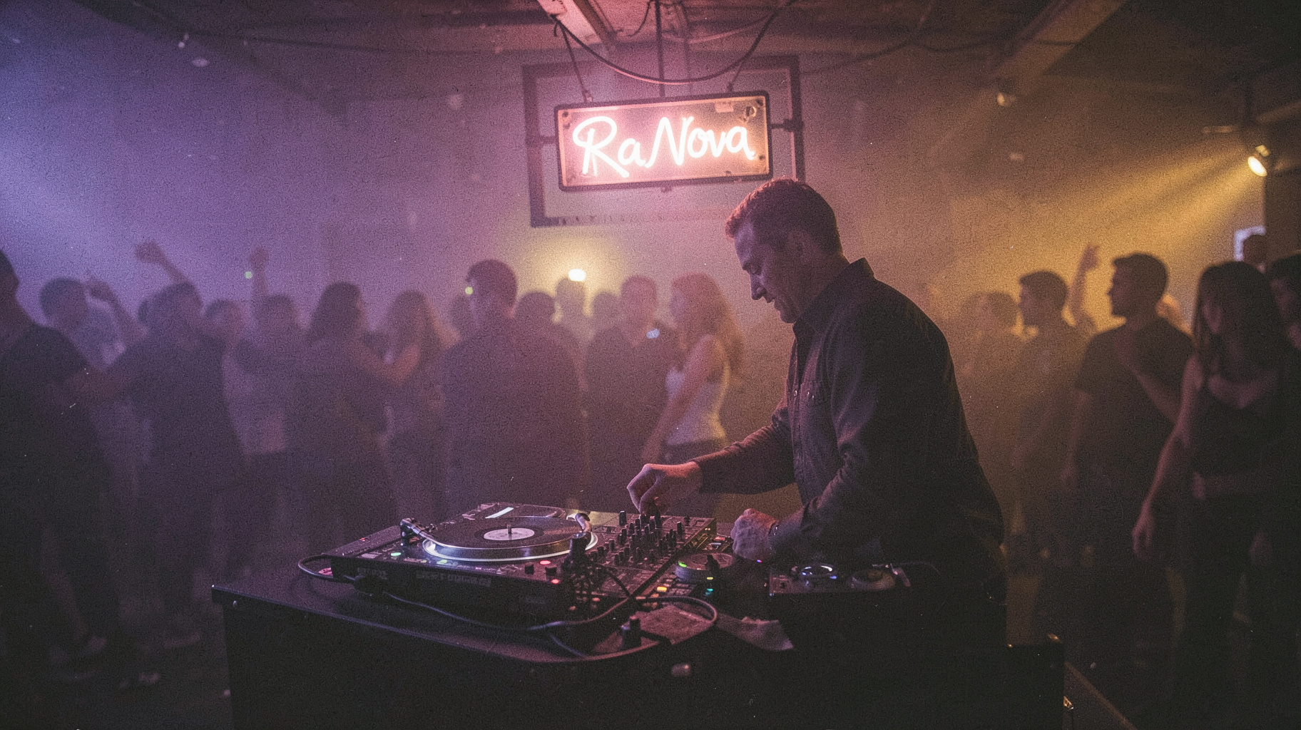 An underground Paris club DJ booth with vinyl records and a neon sign reading Radio Nova