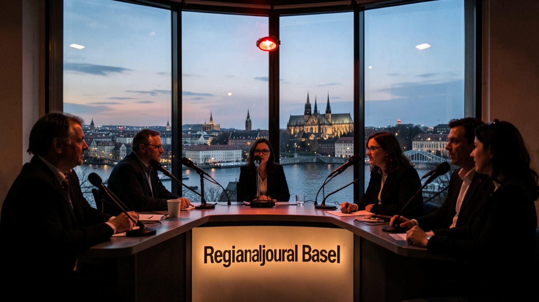 A newsroom studio window overlooking the Basel skyline at dusk with a sign reading Regionaljournal Basel above the desk