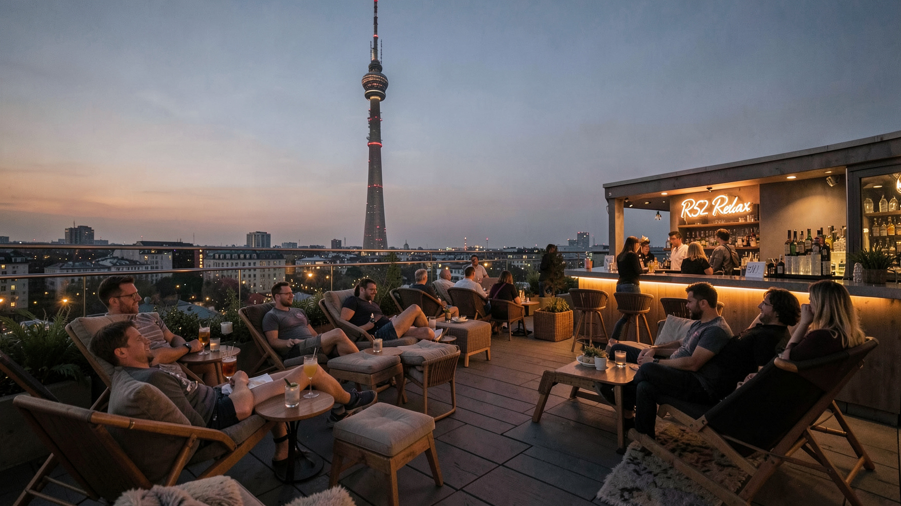 A chic rooftop lounge in Berlin at dusk with a neon sign reading RS2 Relax
