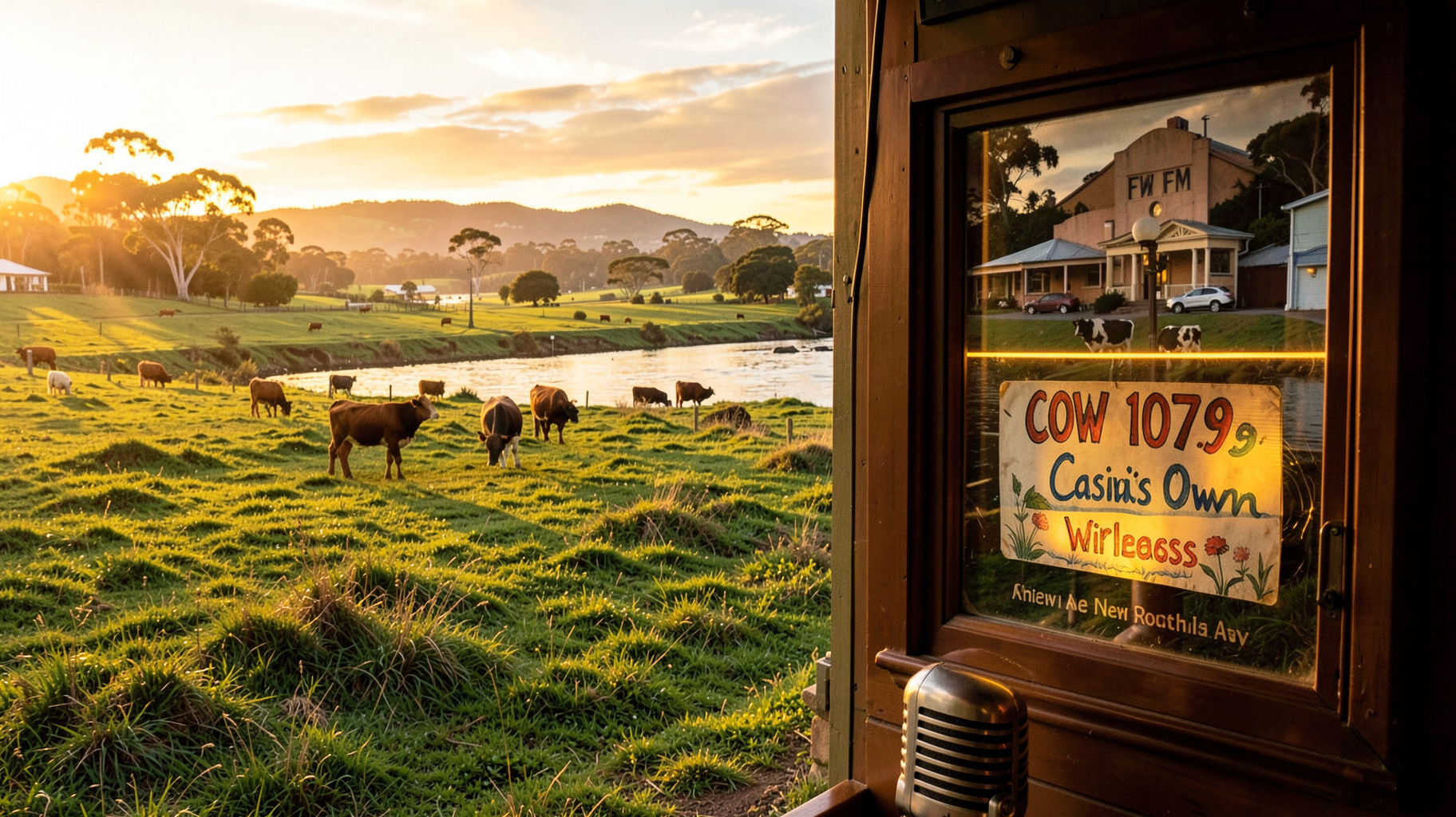Morning over the Richmond River at Casino with cattle in the paddocks and a studio sign reading COW FM 107.9