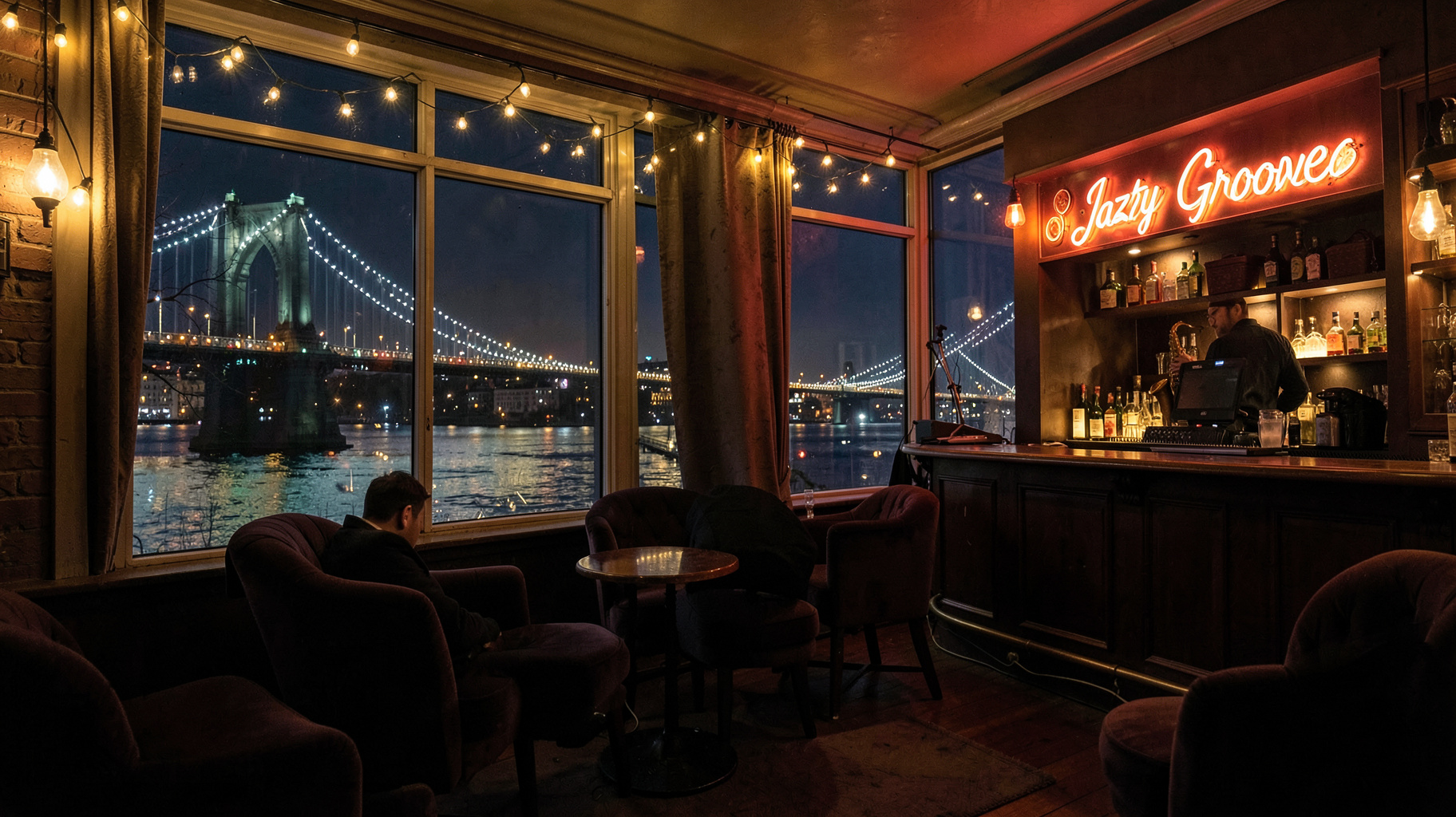A Budapest jazz lounge at night with a view of the Chain Bridge and a neon sign reading Jazzy Groove
