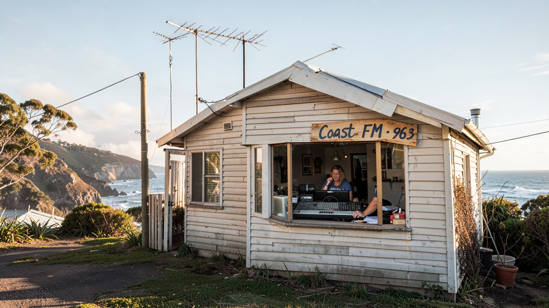 A sunlit community radio building on the Central Coast of New South Wales with a Coast FM 963 sign