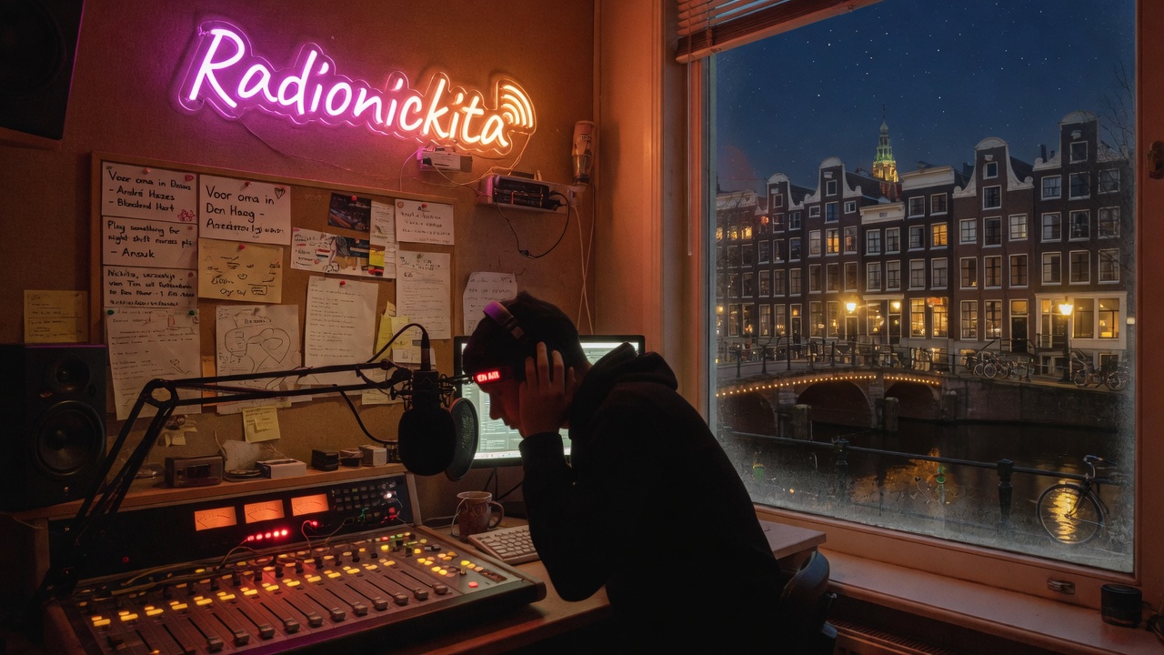 A warm, late-night Dutch radio studio with a neon Radionickita sign and a DJ booth overlooking a canal house skyline