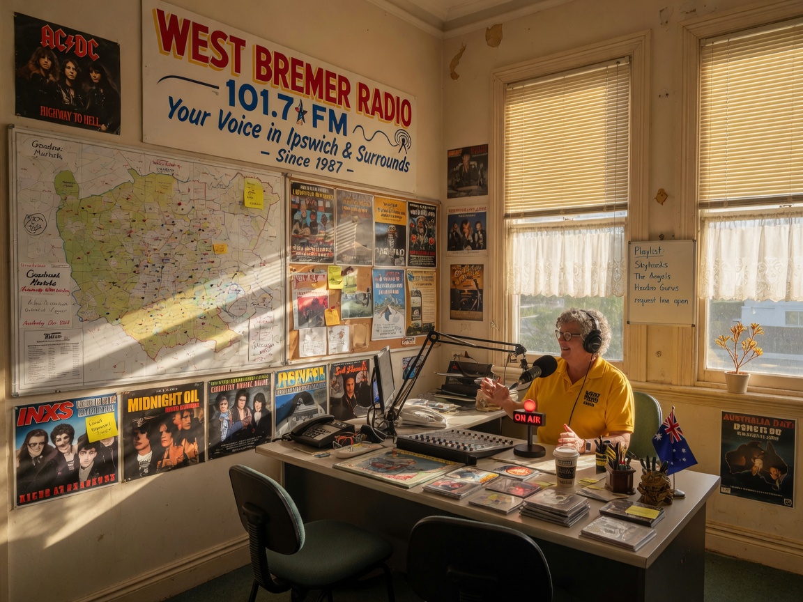 A warm community radio studio with West Bremer Radio sign in Ipswich, Queensland